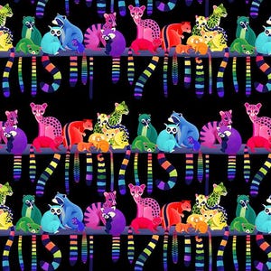 May include: A repeating pattern of colorful, stylized animals, including raccoons and cheetahs, on a black background. The animals are arranged in rows and are various colors, such as pink, blue, and green. The design includes rainbow-colored stripes. The text "Free Spirit" is visible.