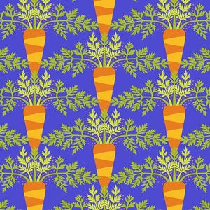 May include: A repeating pattern of orange carrots with green leafy tops on a blue background. The carrots have diagonal orange stripes. The leaves are a light green color. The pattern is evenly spaced across the image.