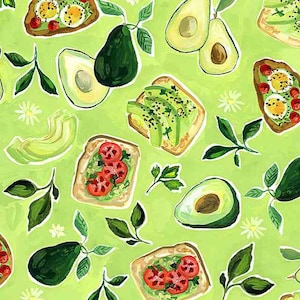 May include: A vibrant, repeating pattern featuring avocados, avocado toast with tomatoes, and toast with eggs. The design includes green leaves and white flowers on a light green background. The artwork has a hand-painted style.
