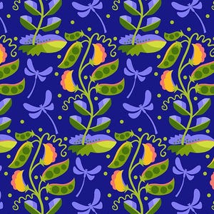 May include: A repeating pattern on a blue background features stylized green pea pods, orange flowers, and purple dragonflies. The design has a whimsical, botanical theme, with a playful and colorful aesthetic.