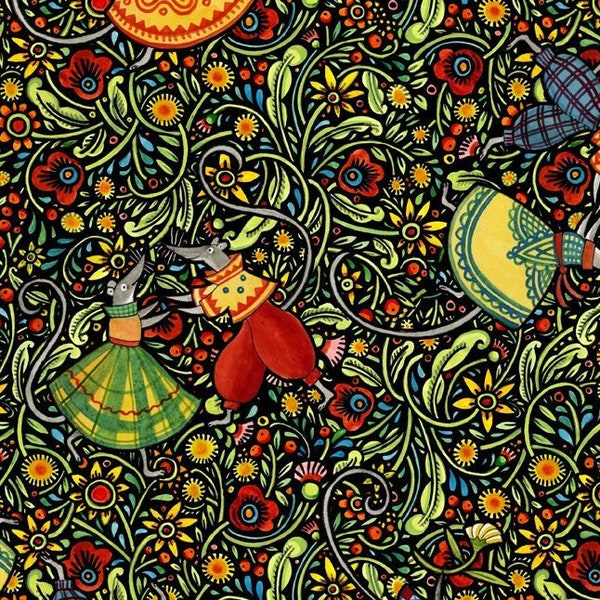 Julie Paschkis Hey Diddle Diddle Dancing Mice In The Beginning Fabric 35 inches LAST IN STOCK