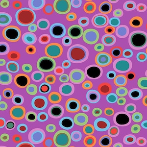 May include: A vibrant fabric featuring a repeating pattern of colorful, layered circles in various sizes. The circles include shades of red, orange, teal, black, and purple, set against a bright purple background. The fabric has a ruler along the bottom edge.