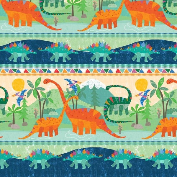 Dino Land Stripe Teal Michael Miller Fabric