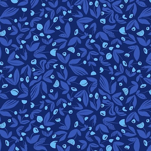 Pode incluir: Um padrão sem costura com um design repetitivo de flores e folhas azuis sobre um fundo azul escuro.