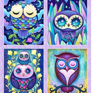 May include: A set of six colorful owl illustrations with different expressions and backgrounds. The owls are depicted in a whimsical style with bright colors and intricate details. The backgrounds include a blue sky with stars, a purple sky with clouds, a green forest with flowers, a pink sky with crystals, and a yellow sky with leaves.