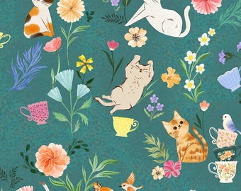 Cats in the Garden Teal Garden Party Windham Fabric