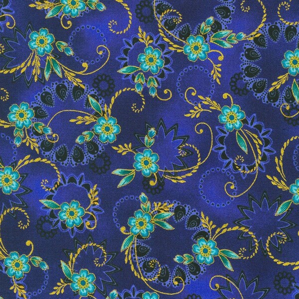 Jaikumari Swirl Sapphire Gold Metallic Robert Kaufman Fabric