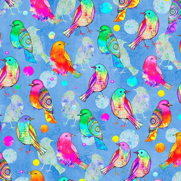 Blue Allover Birds Digital Songbird Serenade P and B Textiles Fabric