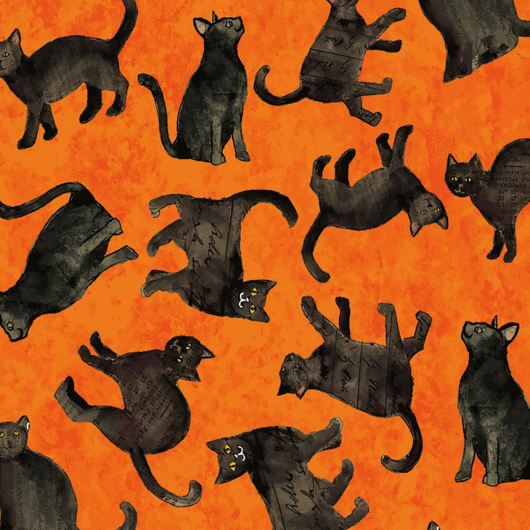 All Hallow's Eve Black Cats Orange Clothworks Fabric - Etsy