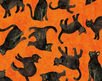 All Hallow's Eve Black Cats Orange Clothworks Fabric