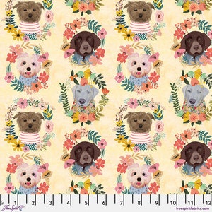 Floral Puppy Wreaths Yellow Mia Charro Free Spirit Fabric