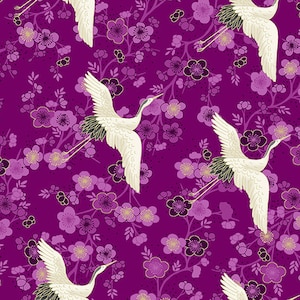 Cotton Metallic Cranes on Black Birds Animals Asian Japanese Cotton Fabric  Print by the Yard (KYOTO