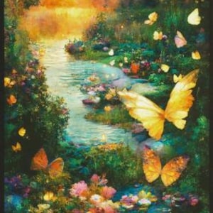 May include: A colourful painting shows a tranquil landscape with a river flowing through verdant foliage. Butterflies with yellow and orange wings dance among vibrant flowers. The artwork conveys a sense of peace and natural beauty.