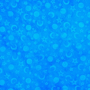 May include: A blue background with a repeating pattern of white stars, moons, and circles.