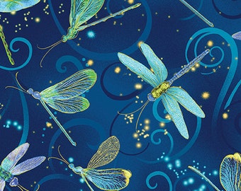 Dancing Dragonflies Midnight Blue Metallic Benartex Fabric