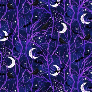 May include: A seamless pattern featuring a dark blue background with purple branches, white crescent moons, black bats, and black birds. The pattern is perfect for Halloween or gothic decor.