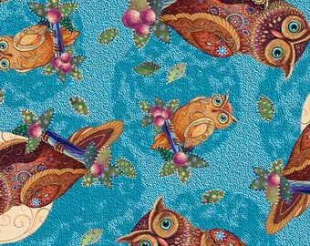 Opulent Owls Tossed Turquoise Digital Quilting Treasures Fabric