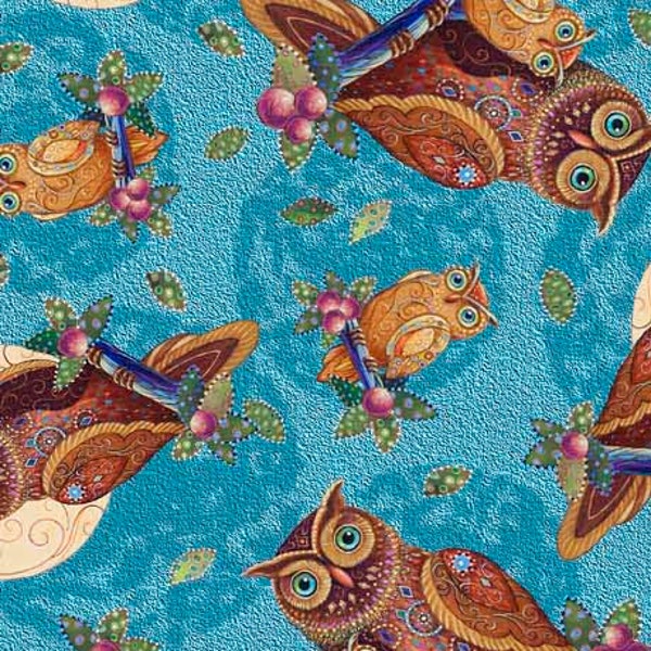 Opulent Owls Tossed Turquoise Digital Quilting Treasures Fabric