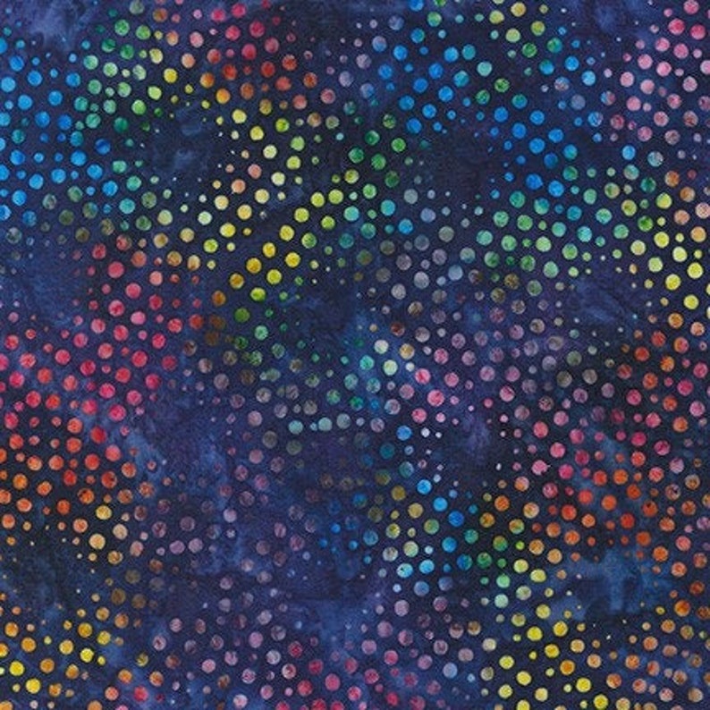 May include: A dark blue fabric with a rainbow polka dot pattern. The dots are a gradient of colors, including red, orange, yellow, green, blue, indigo, and violet.
