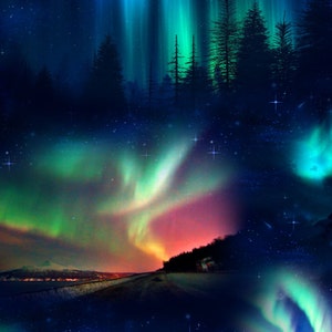 May include: A vibrant aurora borealis display in the night sky, with shades of green, pink, and blue. The aurora is reflected in a body of water, with a dark forest in the background.
