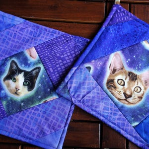 Cats in Space Blue Purple Potholder Set