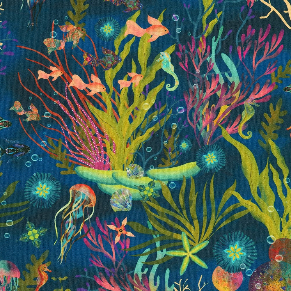Oceanica Navy Sea Life Scene Robert Kaufman Fabric Etsy