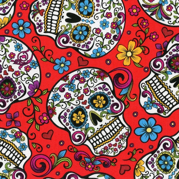Sugar Skulls Flores Rojo David Textiles Tela Cuarto de Grasa ÚLTIMO EN STOCK