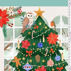 Tissu de Noël douillet, Mia Charro, chouette de Noël, panneau de 61 cm (24 po.)