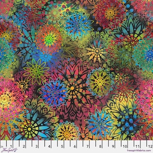 May include: A colourful fabric featuring a repeating pattern of stylized floral designs. The flowers are in shades of red, pink, blue, yellow, and green, set against a dark background. The fabric is measured in inches.