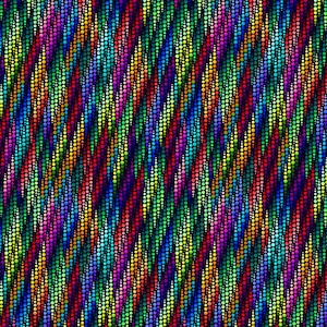 May include: Abstract pattern of colorful circles arranged in wavy lines on a black background.