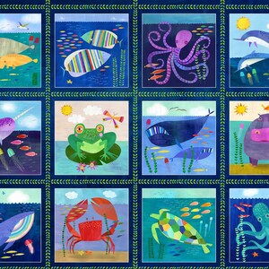 Puede incluir: Una ilustración colorida de varias criaturas marinas en un patrón de azulejos azules y verdes. Las criaturas incluyen un narval, una rana, una ballena, un hipopótamo, un cangrejo, una tortuga y un pulpo.