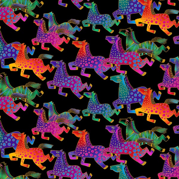 Laurel Burch Fiesta Horses Black Running Horses Clothworks Fabric