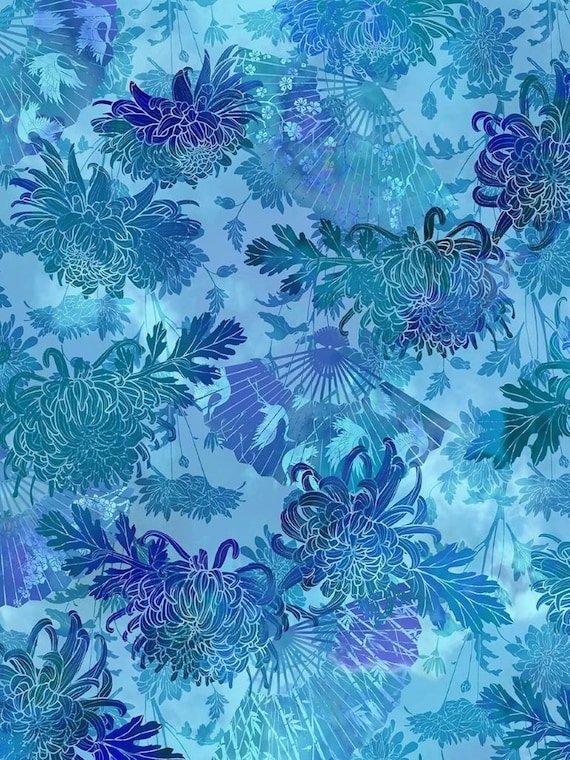 Fans and Mums Blue Oriental Gardens Jason Yenter In the Beginning Fabric
