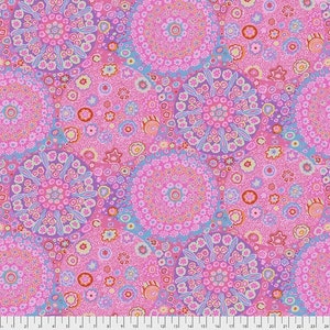 May include: A colourful fabric with a repeating pattern of pink and purple mandala-style designs. The circular patterns are filled with intricate floral and geometric details, set against a pink background. The fabric has a playful and colourful aesthetic.