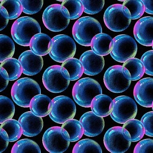 Puede incluir: Un patrón repetitivo de burbujas iridiscentes en tonos azules, morados y verdes sobre un fondo negro. Las burbujas varían en tamaño y se superponen, creando un diseño dinámico y juguetón. Este patrón es adecuado para diversas aplicaciones.