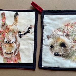 Giraffe and Hedgehog Pieced Fabric Potholder Set image 1