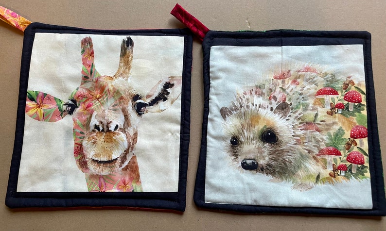 Giraffe and Hedgehog Pieced Fabric Potholder Set image 1