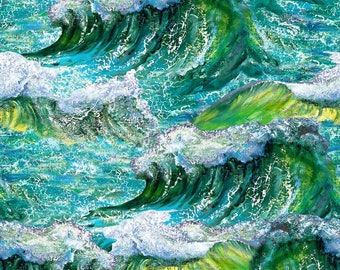 May include: A painting depicting ocean waves in shades of blue, green, and white. The waves are crashing and churning, creating a sense of movement and energy.