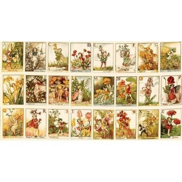 Panel de tela del alfabeto de hadas de las flores Cicely Mary Barker