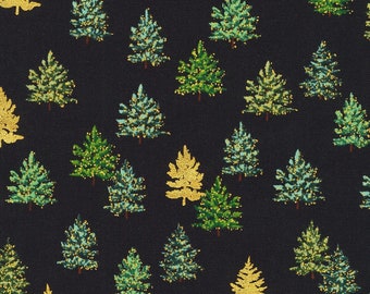 May include: A black background with a repeating pattern of green and gold Christmas trees. The trees are all different sizes and shapes, and they are arranged in a random pattern.