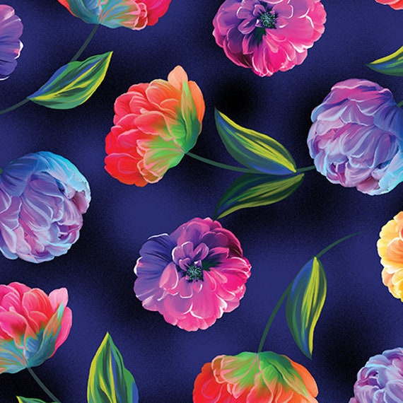 Leuchtende Blumen MarineBlau Kanvas Benartex Stoff