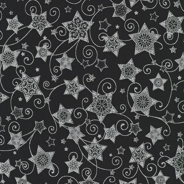 Holiday Flourish Stars Silver Black Robert Kaufman fabric