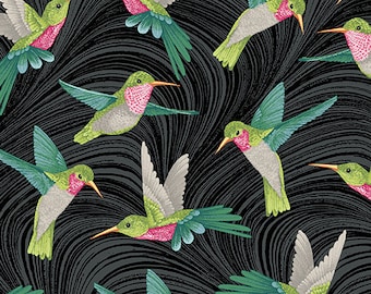 Hummingbirds and Honeysuckle Wave Black/Multi  Benartex Fabric