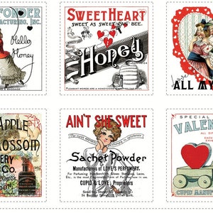 May include: A vintage Valentine's Day card collage featuring six different designs. The designs include a couple embracing, a heart with the text "Love All My Heart", a perfume bottle with the text "Crab Apple Blossom", a woman with the text "Ain't She Sweet", a heart with the text "Special Delivery Valentines", and a bee with the text "Sweetheart Sweet as Sweet Can Bee".