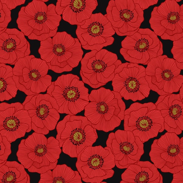 Poppies Black Red Lewis and Irene Fabric