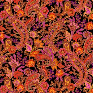 Opulent Floral Orange Paisley Metallic Michael Miller Fabric