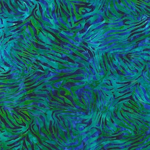 以下が含まれることがあります： 青と緑の抽象的なシマウマ柄の生地。生地は、渦巻き模様のバリ風スタイルです。