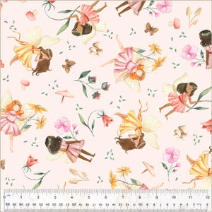 May include: A light pink fabric featuring a repeating pattern of fairies with butterfly wings, flowers, and mushrooms. The fairies are depicted in various poses, wearing pink and yellow dresses. The design includes butterflies and green leaves.