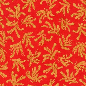 Könnte beinhalten: Roter Stoff mit einem sich wiederholenden Muster aus goldenen Blütenzweigen. Die Zweige sind stilisiert und haben ein zartes, fast spitziges Aussehen.