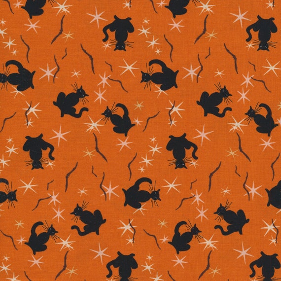 Retro Halloween Black Cats Orange Clothworks Fabric